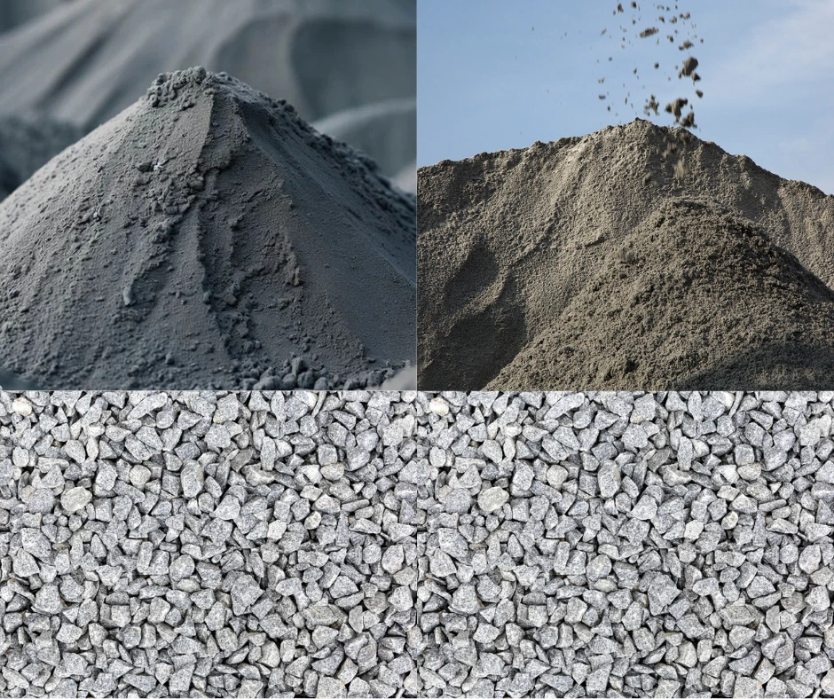 Raw materials used by Ashok Concrete, including OPC cement, M sand, and stone chips.