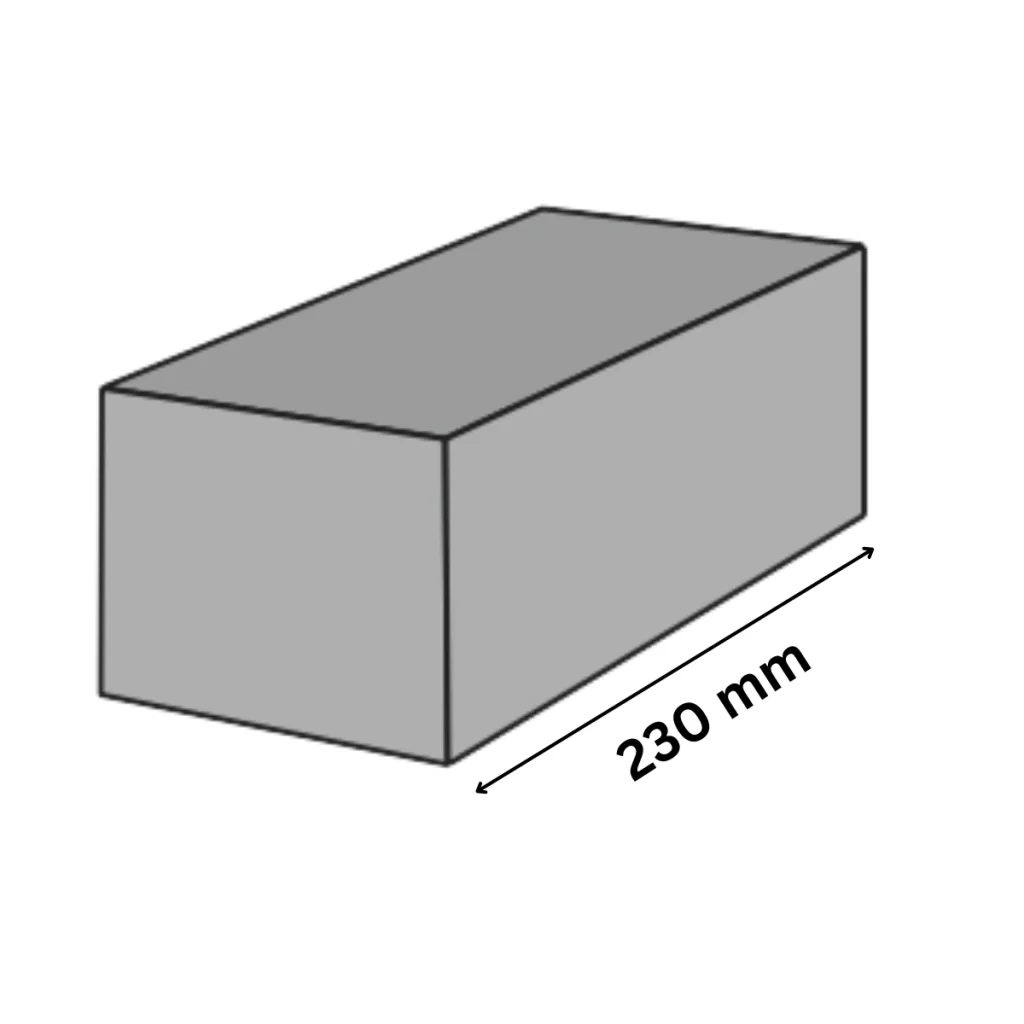 Illustration showing the length of a concrete solid block as 230 mm