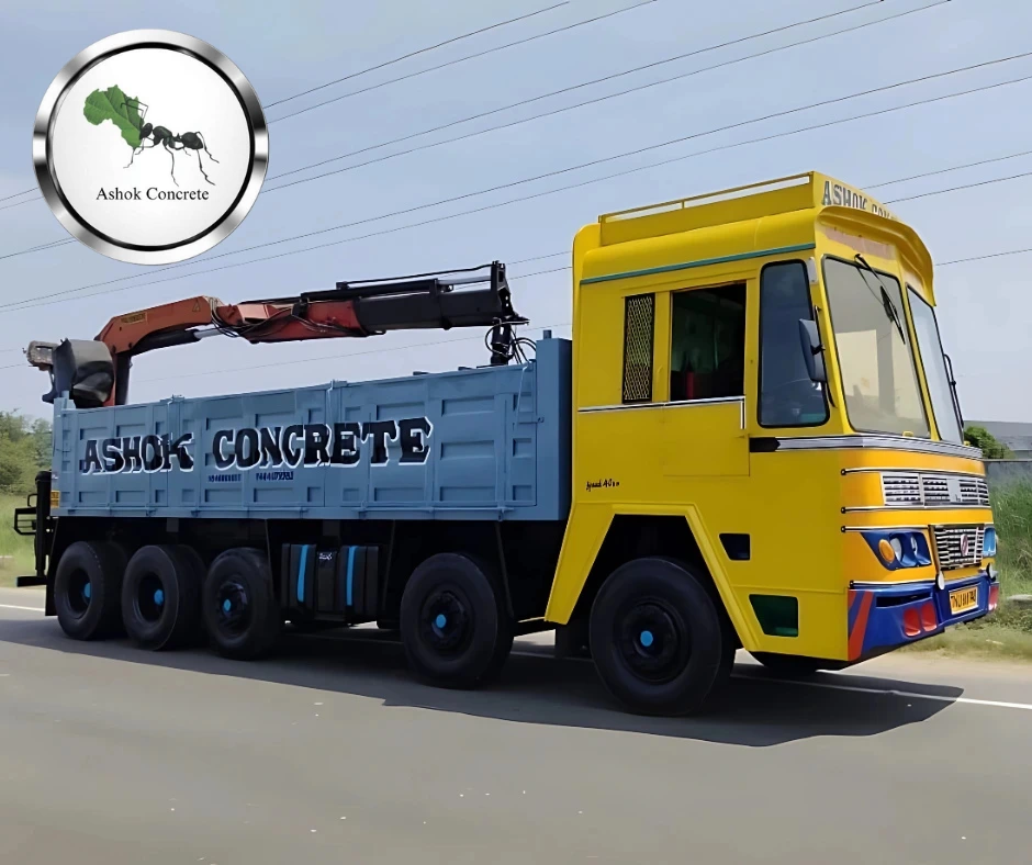 Ashok Concrete transportation truck used for delivering products to clients.
