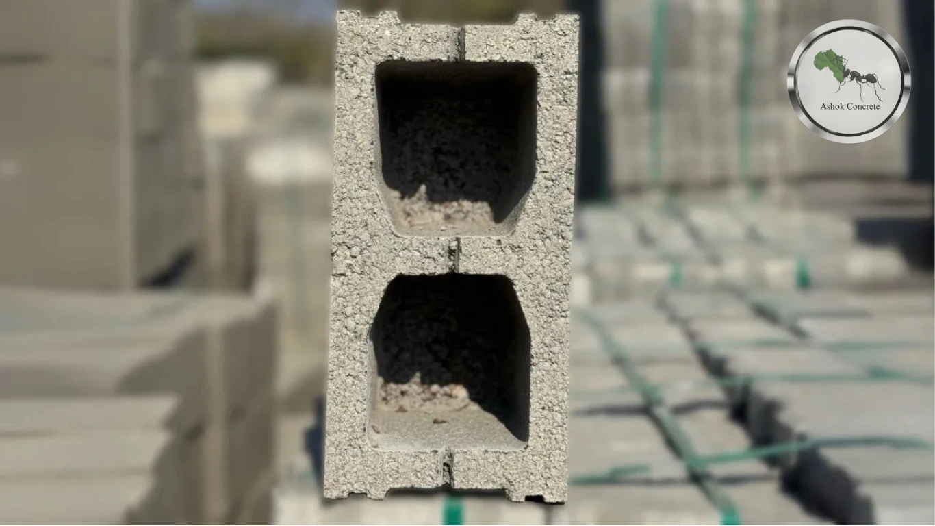 Close-up front view of a hollow concrete block with two cavities, stacked at Ashok Concrete yard
